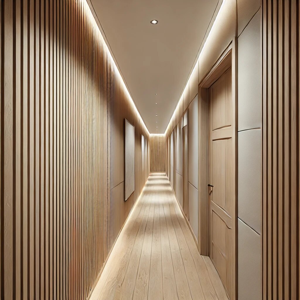 как горизонтальные деревянные бордюры могут визуально расширить узкий коридор