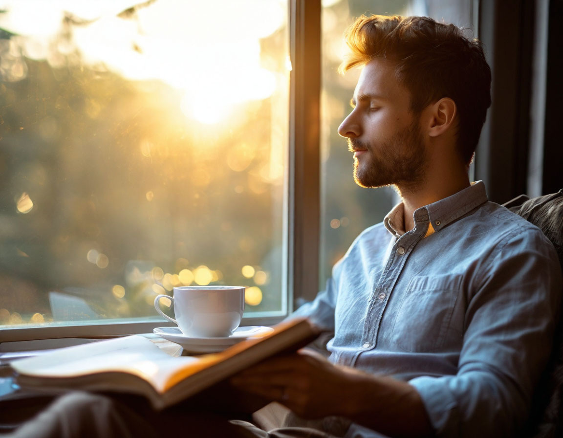 Человек, наслаждающийся утренним светом у окна, с чашкой чая в руках, рядом с ним — книга и блокнот. Это символизирует начало дня в тишине и осознанности.