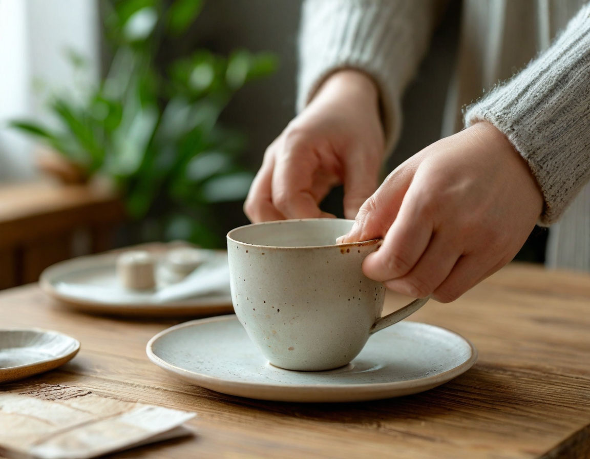 Руки, аккуратно складывающие вещи на столе или ставящие чашку на место. Элементы спокойного минимализма на фоне.