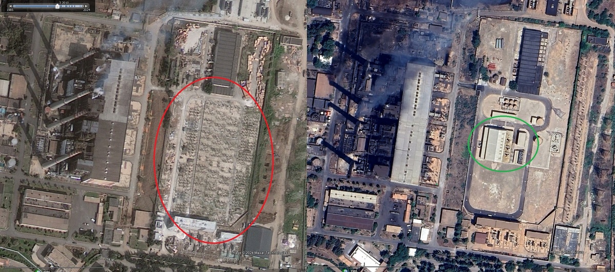 «Жутко-кровавый» режим, как видим, энергосистему-то модернизировал: если изначально на ТЭС видно вполне себе ОРУ 220 кВ (красный овал слева), то в 2022-2023 (!!!) его заменило вполне себе современное КРУЭ (зелёный – справа)