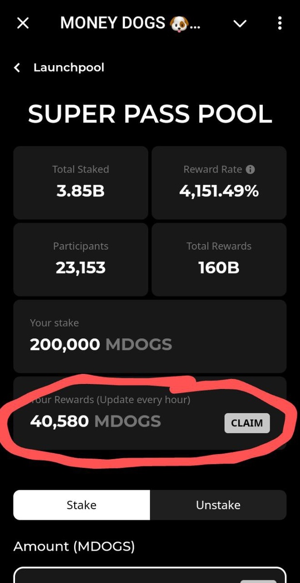 Клеймим каждый час вознаграждение launchpool Money Dogs