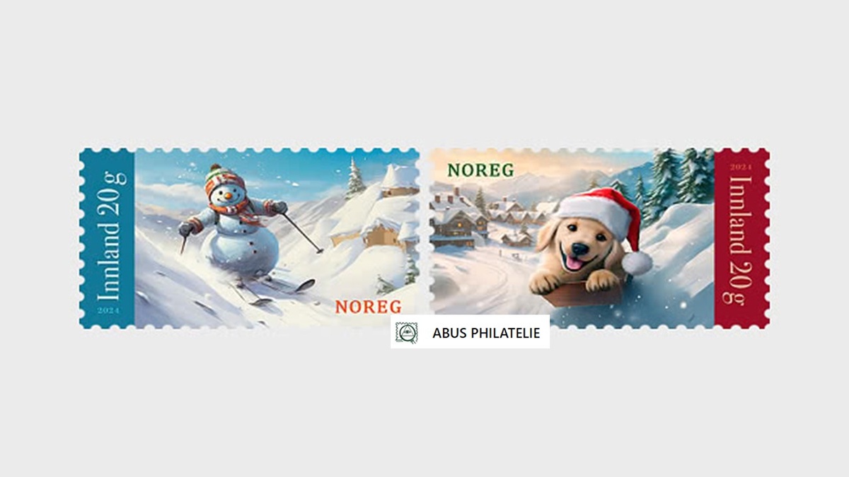 почтовые марки Норвегии 2024 года "Снеговик на лыжах" и "Рождественская собка"