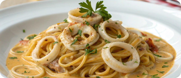 Макароны с кальмарами в сливочном соусе