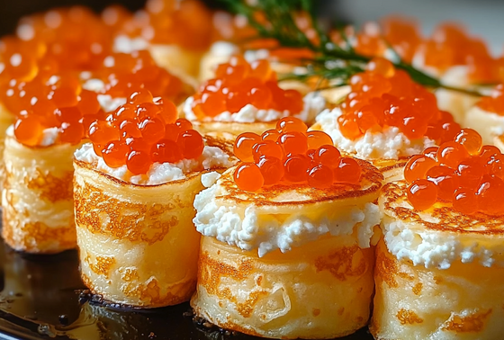    Улитки из блинов с красной икрой