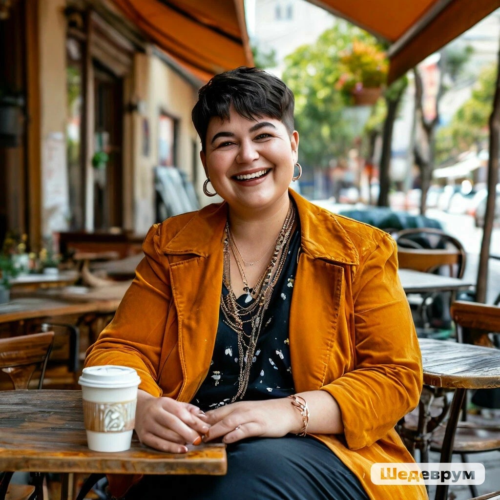 С этой картинкой тоже пришлось повозиться (увы, так и не получилось того, что хотелось бы. даже приблизительно). ИИ абсолютно не понимает слово "стильный".  На всех вариантах были какие-то бабы-функционеры в чёрных или серых пиджаках. Пришлось добавить в запрос слово "яркий". Ну и руки... почему Шедеврум так ужасно рисует руки??? Да, я понимаю, не Микеланджело, но и не так же... *фейспалм*