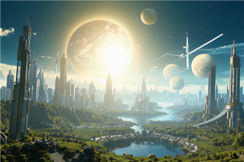 Мир Полдня, лето, будущее. Сгенерировано в кандинском.