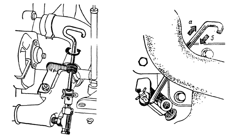 Рисунок 1- Сливной кран на подводящем патрубке          Рисунок 2- Сливной кран в стенке блока:

а—кран открыт; б—кран закрыт.                                                               