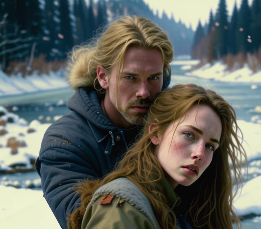 Эндрю Блэквуд приносит раненую Софи Мэй к ручью. Создано нейросетью Кандинский. 