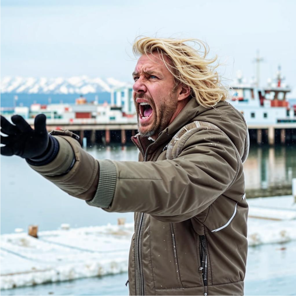 Эндрю Блэквуд атакует хладнокровой, прикрывая отход корабля. Создано нейросетью Кандинский. 