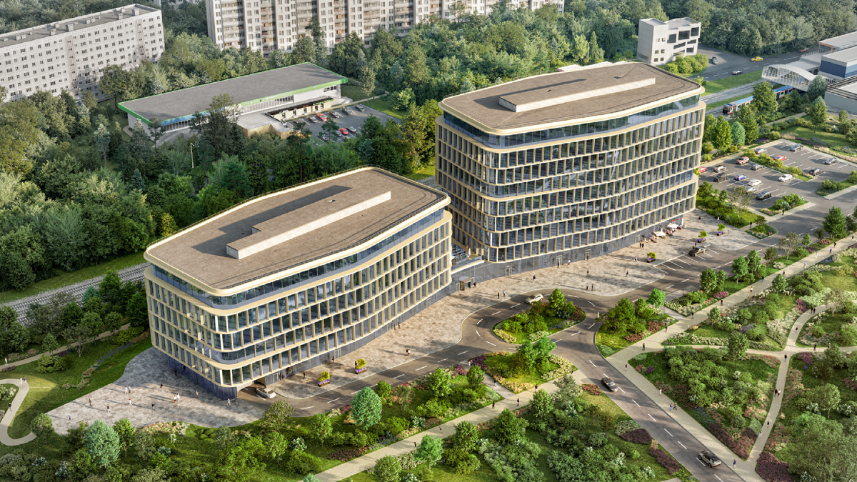 Два невысоких корпуса Upside Kuntsevo с фасадами, «обернутыми» в камень