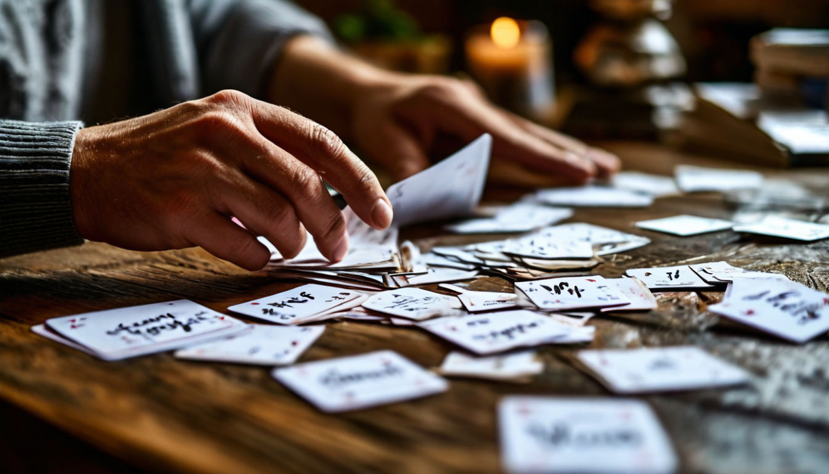 Человек, раскладывающий на столе карточки с написанными словами, например: Сила, Уверенность, Ценность.