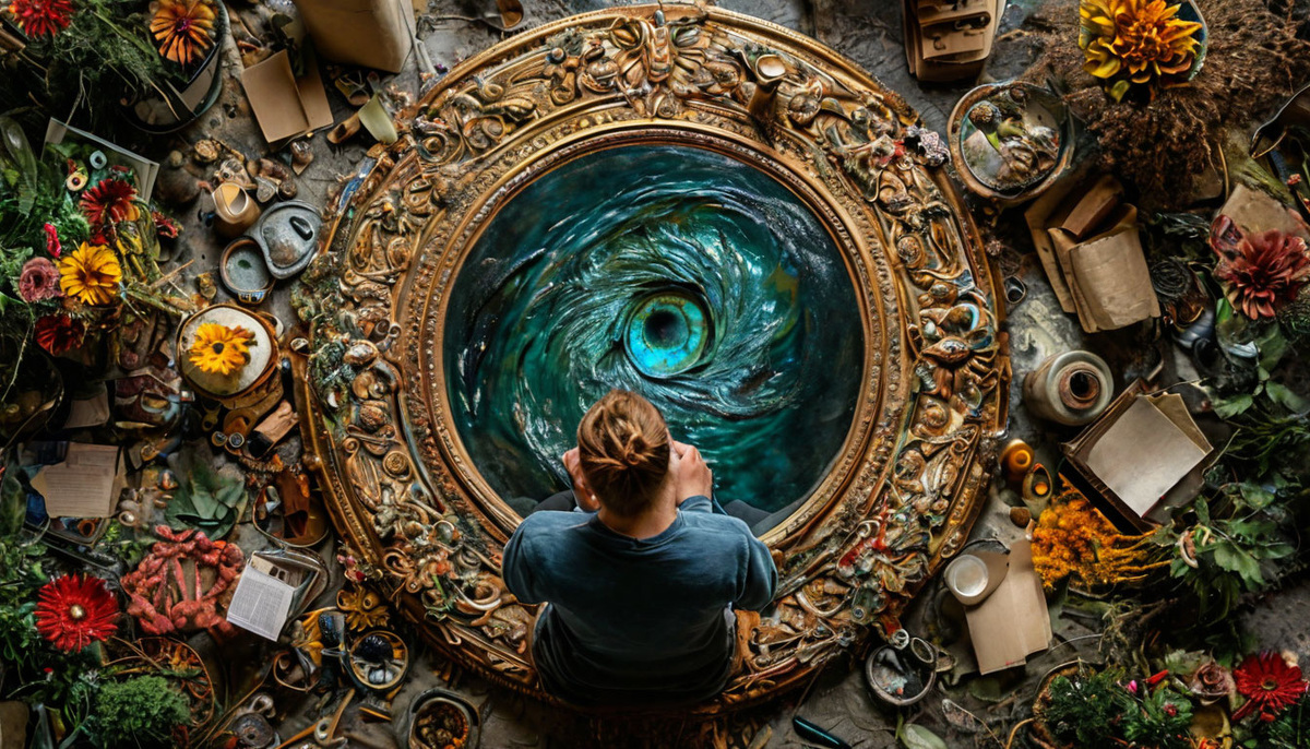 Снимок сверху, показывающий творческий процесс саморефлексии.