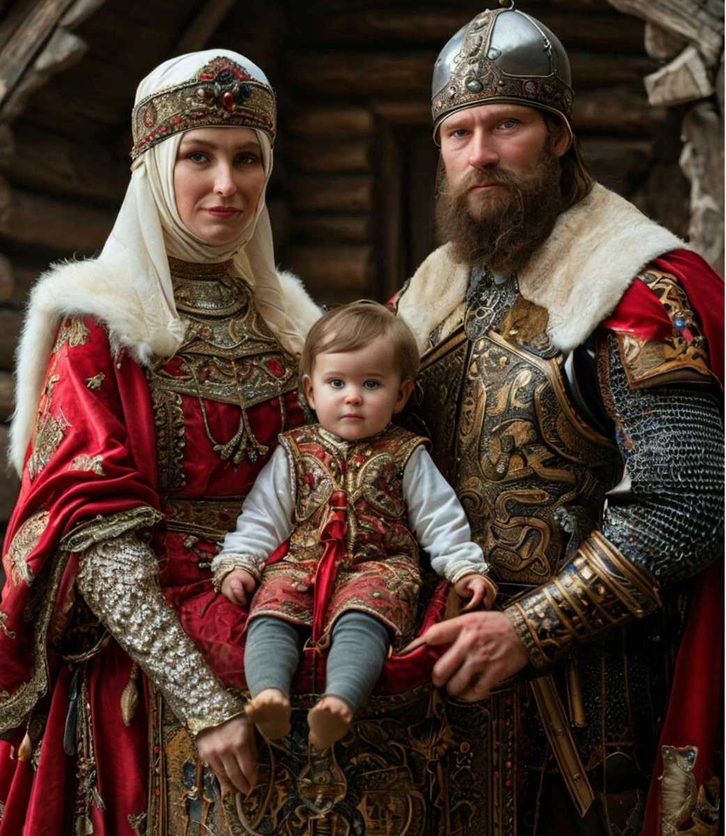 Гостомысл 783-860 с матерью Умилой и отцом Буревоем. ИИ Шедеврум. 