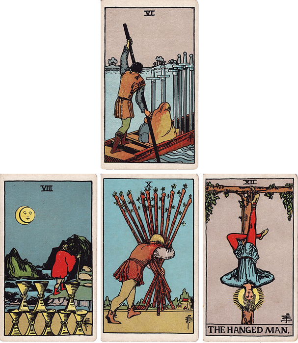 Вот такой вышел расклад, где 6 мечей отвечает на вопрос, состоится ли поездка, а 8 кубков, 10 жезлов и Повешенный описывают ее характер.