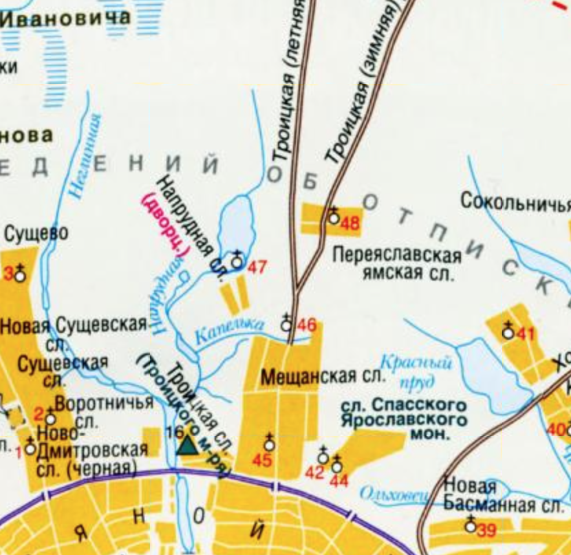 Напрудная слобода (на месте бывшего села) на восстановленной карте Москвы по данным 1650 года. С сайта www.retromap.ru.