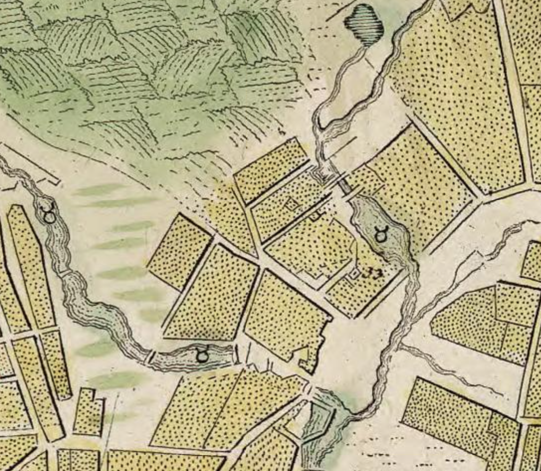 Форагмент карты Москвы 1739 года. Справа река Напрудная, слева - Неглинная. С сайта www.retromap.ru.