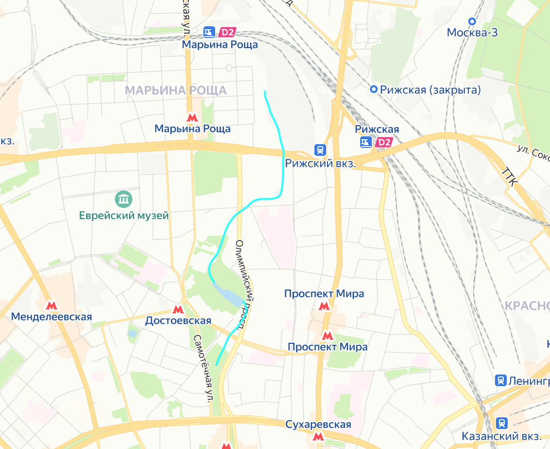 Очень схематичное изображение реки Напрудной на карте современной Москвы. Яндекс.Карты.