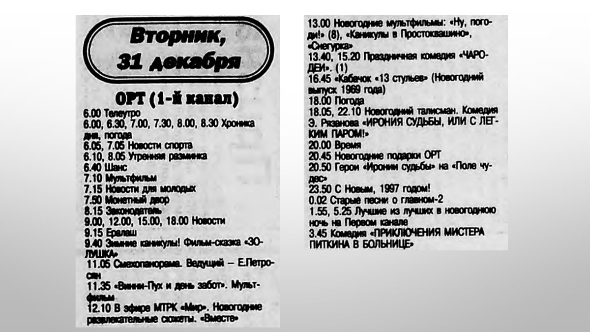 Программа телепередач канала ОРТ 31.12.1996. Фото из интернета, коллаж мой