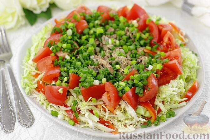 консервы рыбные, капуста белокочанная, перец болгарский, помидоры, лук зелёный, сок лимона, масло растительное, соль, перец чёрный молотый