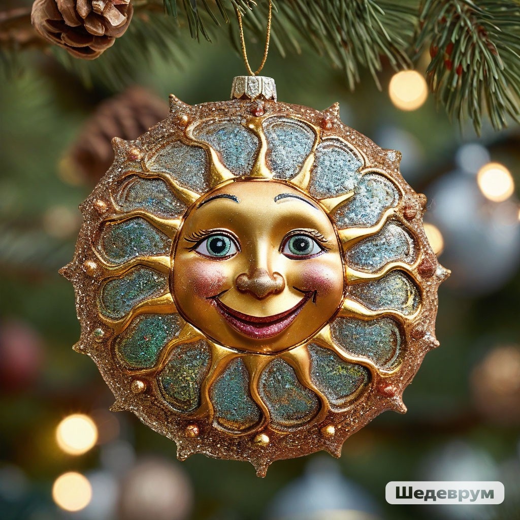 Ёлочная игрушка Солнце. Сделана картинка нейросетью Шедеврум
