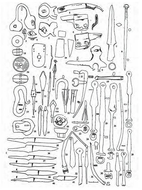 
Подъемный материал с Остолоповского селища:
1–6 – предметы из меди; 15, 16 – предметы из глины; остальные – железо
Источник иллюстрации: «Археология Волго-Уралья. Том V. Средние века (VIII-начало XIII вв.)» / Институт археологии им. А.Х. Халикова АН РТ
