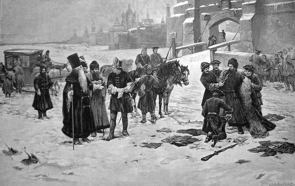    Эпизод из эпохи Петра Великого. Стрижка длинных пол и бород. Гравюра на дереве с картины Г.Урлауба.
