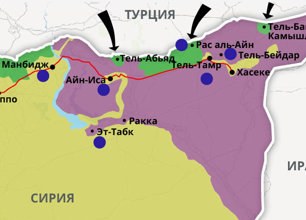 Рожава, занимающая северо-восток Сирии, обозначена лиловым цветом, зелёным – территории, занятые протурецкой СНА
