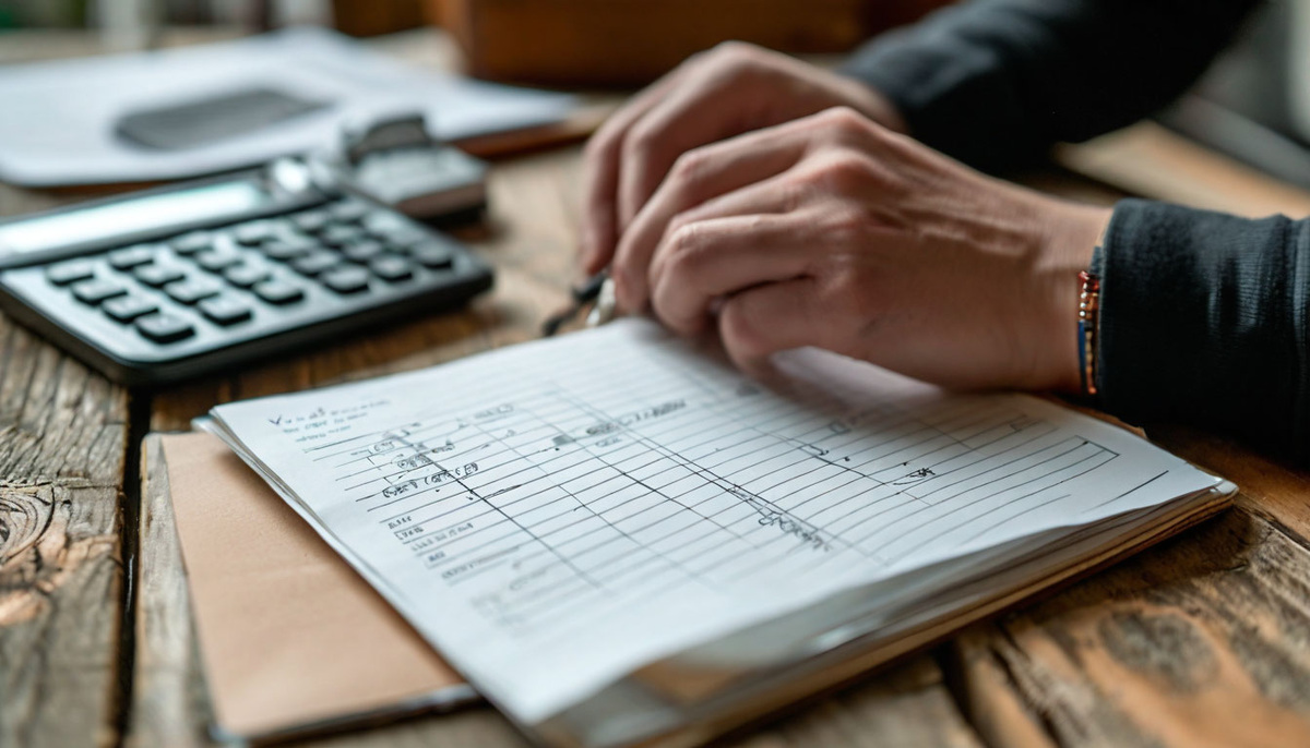 Рука пишет список на бумаге рядом с минималистичным кошельком и калькулятором.