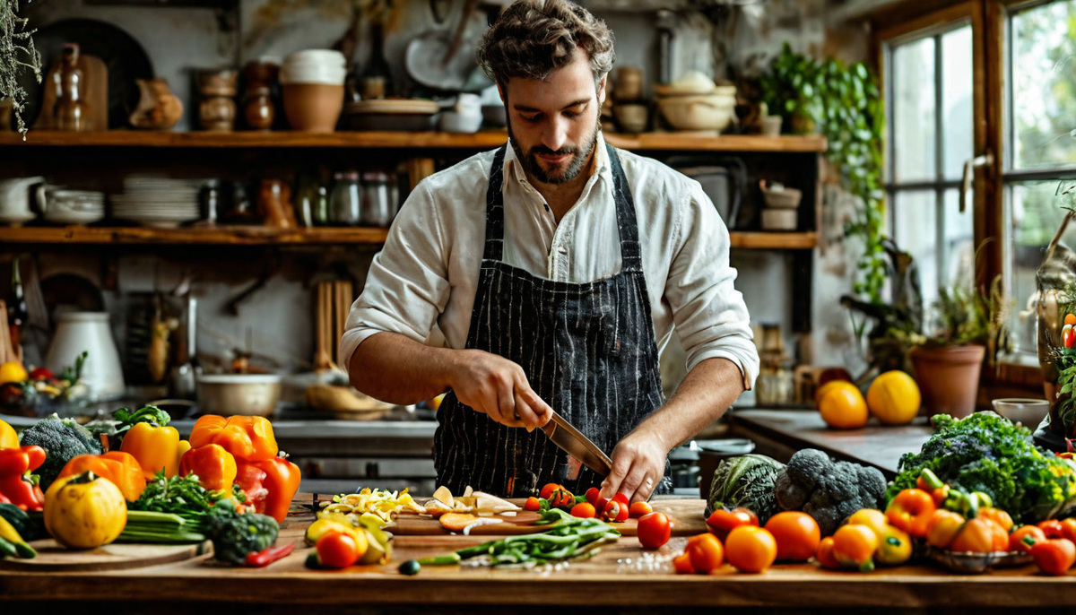 Человек в уютной кухне, режущий овощи или сервирующий домашнее блюдо.