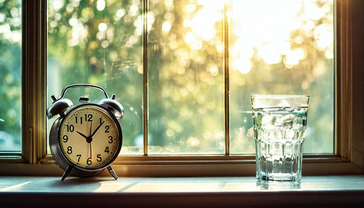 Лёгкая дымка утреннего солнца через окно, а на подоконнике стоит будильник и стакан воды.