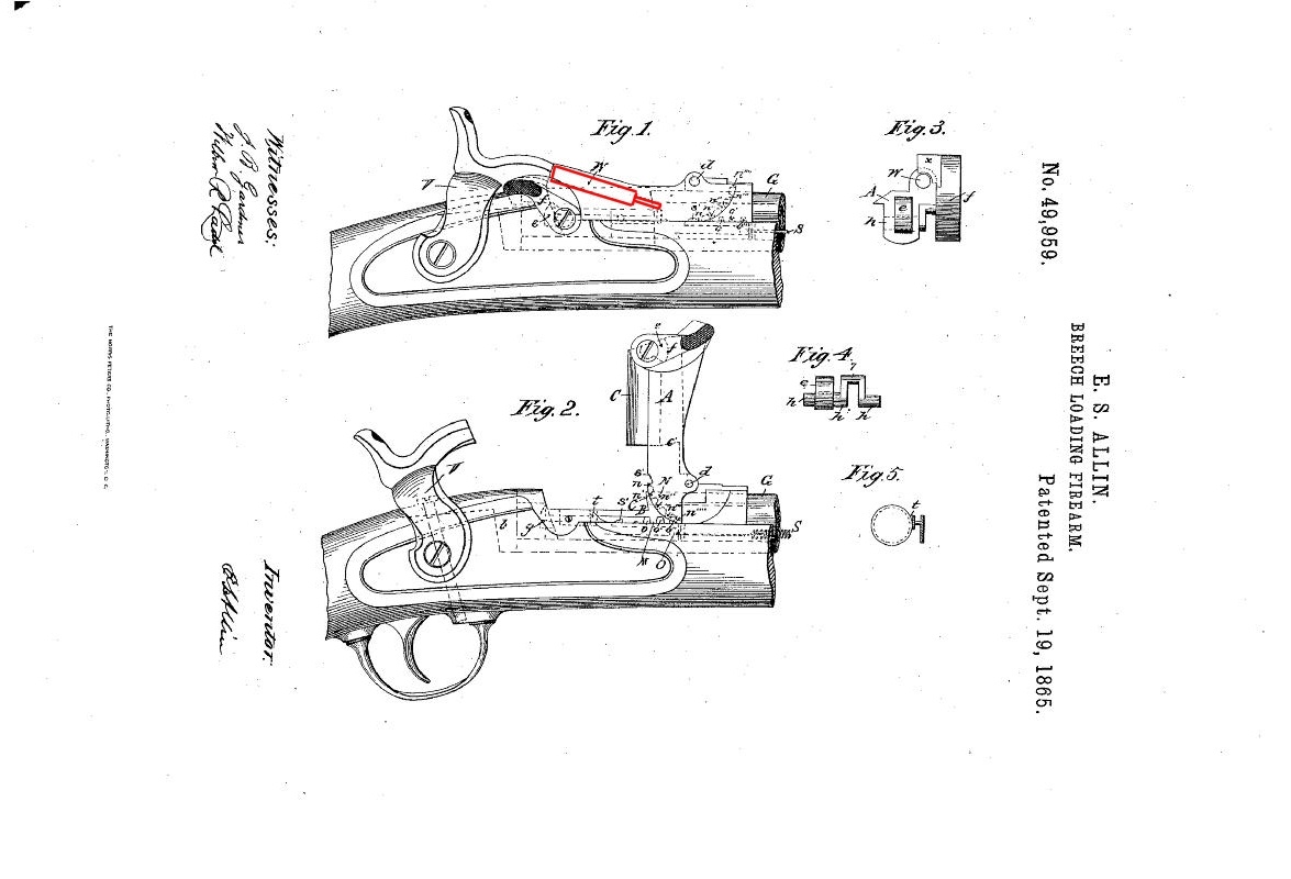 Четеж из патента Эрскина С. Аллина на механизм откидывающегося затвора для винтовки Springfield Model 1865. Ударник обведен красным цветом.