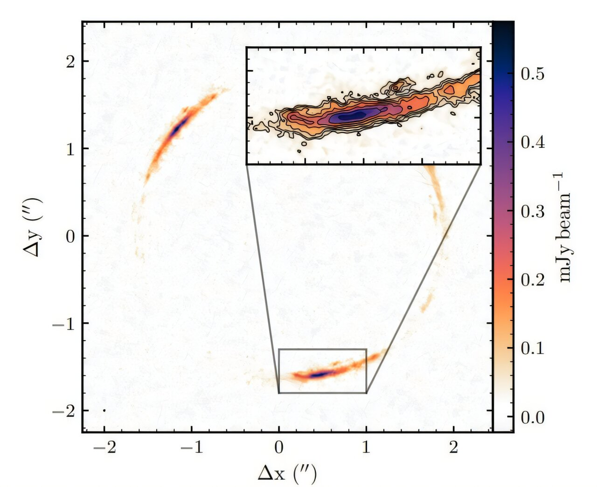 Изображение SPT 0538−50 на частоте 350 ГГц. Источник: arXiv (2024). DOI: 10.48550/arxiv.2412.03644