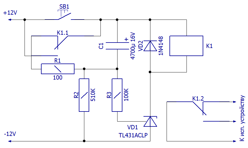 Схема электрическая принципиальная простого реле времени с большим интервалом времени