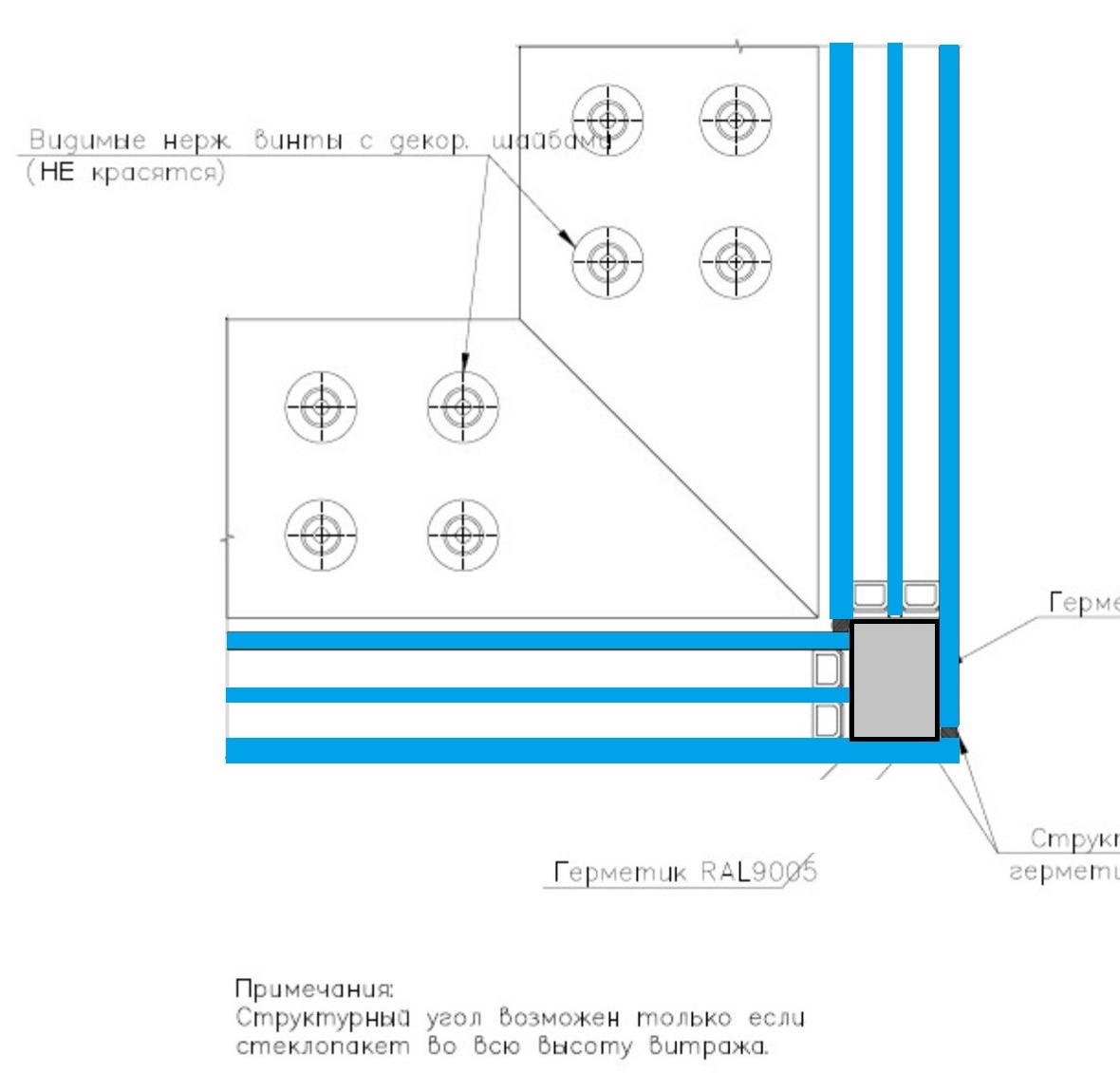 Стеклянный угол или структурный угол (один из вариантов исполнения в разрезе на виде сверху)