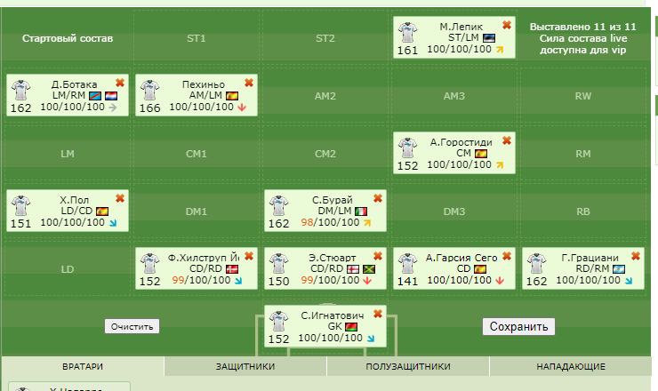 Окно расстановки команды. В данной схеме выбор лег на атаку левым крылом. 