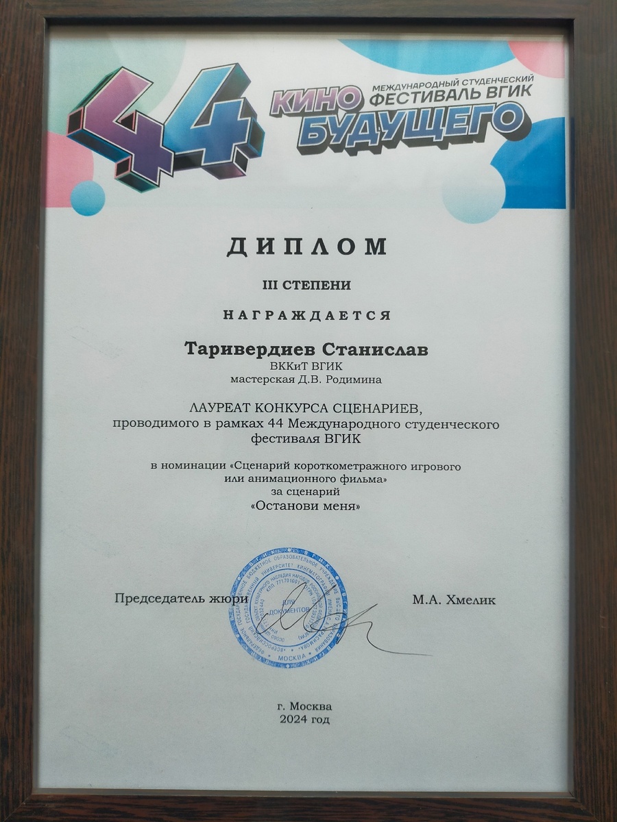 Диплом конкурса сценариев ВГИК 2024