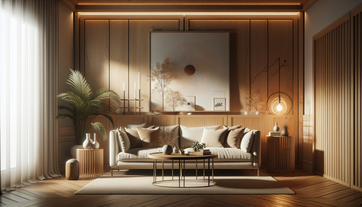 Изображение демонстрирует чистый, незагроможденный интерьер с нейтральными цветами, натуральными материалами и уютной обстановкой.