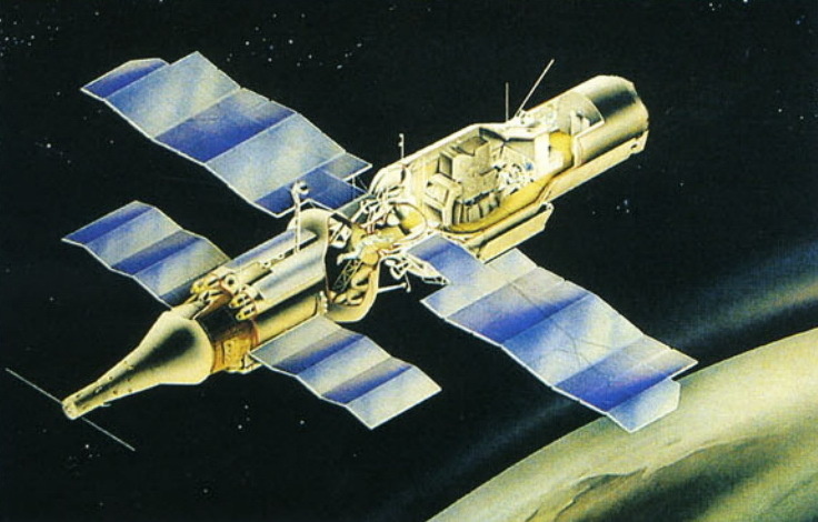 Орбитальная станция «Алмаз» (11Ф71) с транспортным кораблём снабжения ТКС (11Ф72). Плакат из архива НПО машиностроения