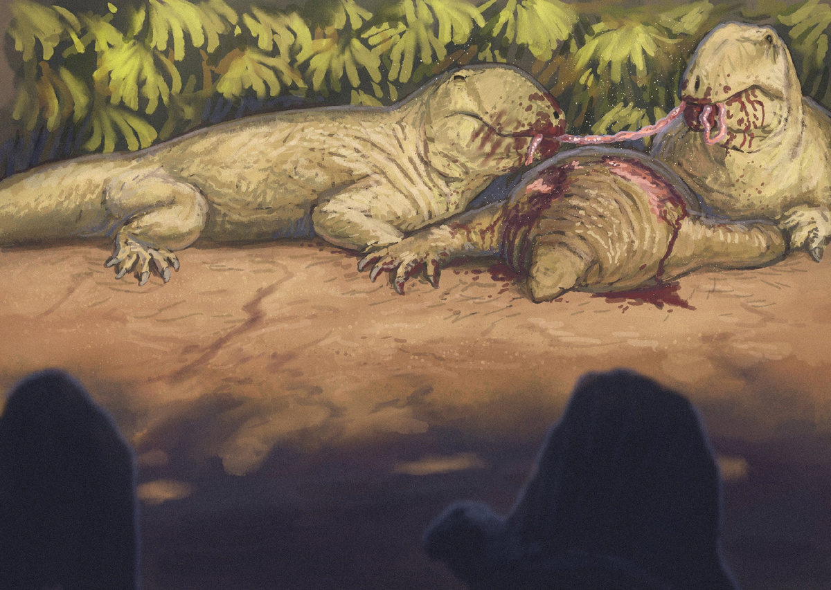 Два таппенозавра поедают остатки казеида.