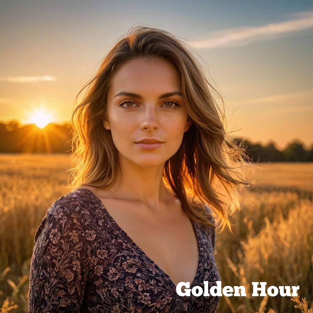 A portrait of a woman standing in a field during Golden Hour, warm golden light casting long soft shadows over her face, romantic atmosphere, photorealistic, soft and vibrant colors.