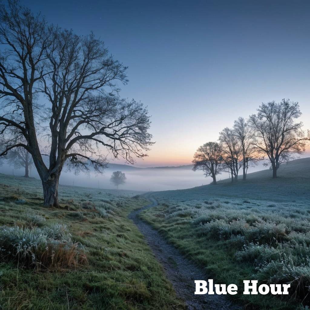 A mysterious landscape at Blue Hour, cool blue tones with a quiet, pre-dawn atmosphere, misty trees and soft, faint light illuminating the scene.