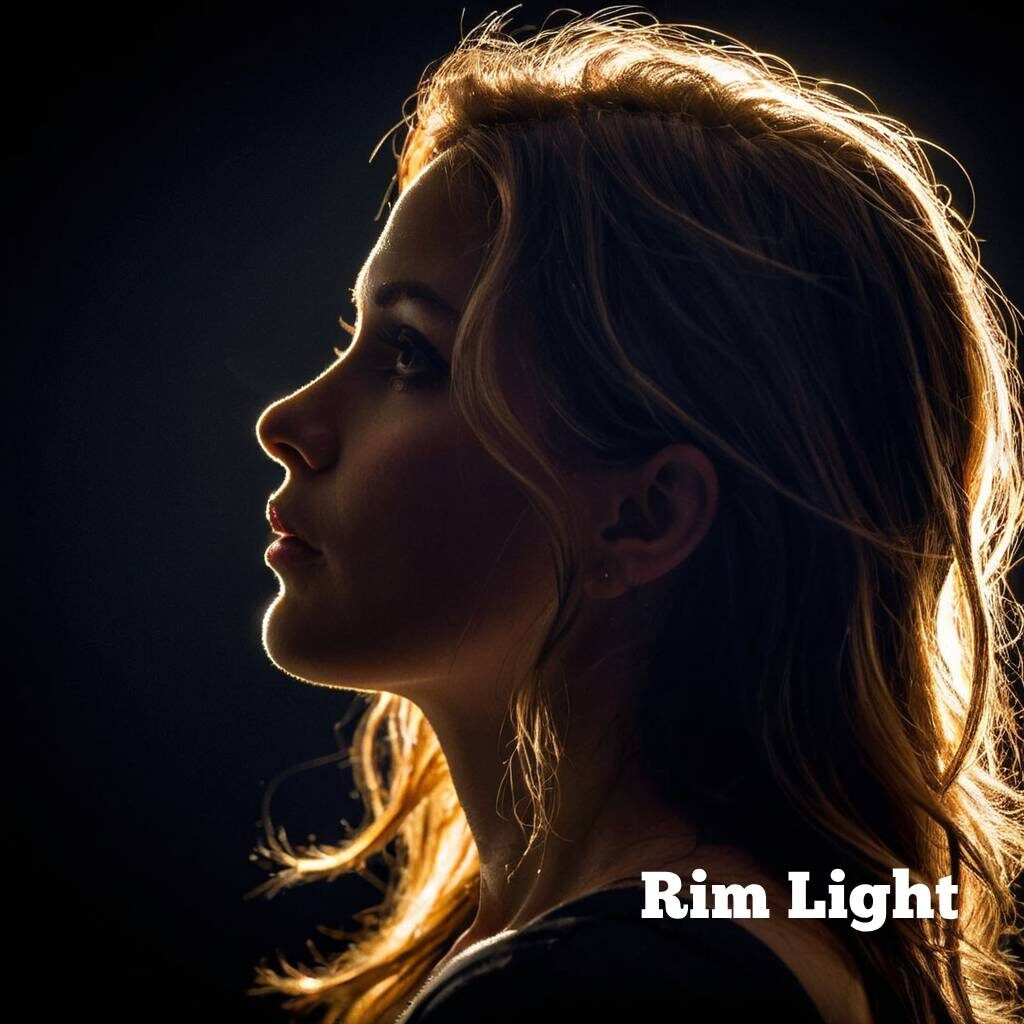 A profile shot of a person with rim lighting, a thin outline of light surrounding the figure, creating a glowing halo effect against a dark background.