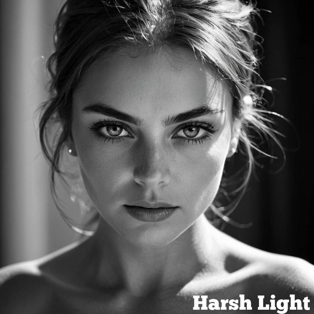 A striking black-and-white portrait with harsh, direct light, creating sharp shadows and deep contrasts on the subject’s face.