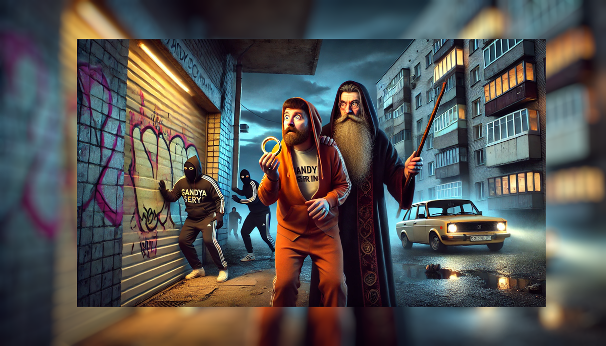 Это сцена с Федей Сумкиным и Гандей Серым, где они стоят перед лицом надвигающихся "орков" в антураже советской эпохи.