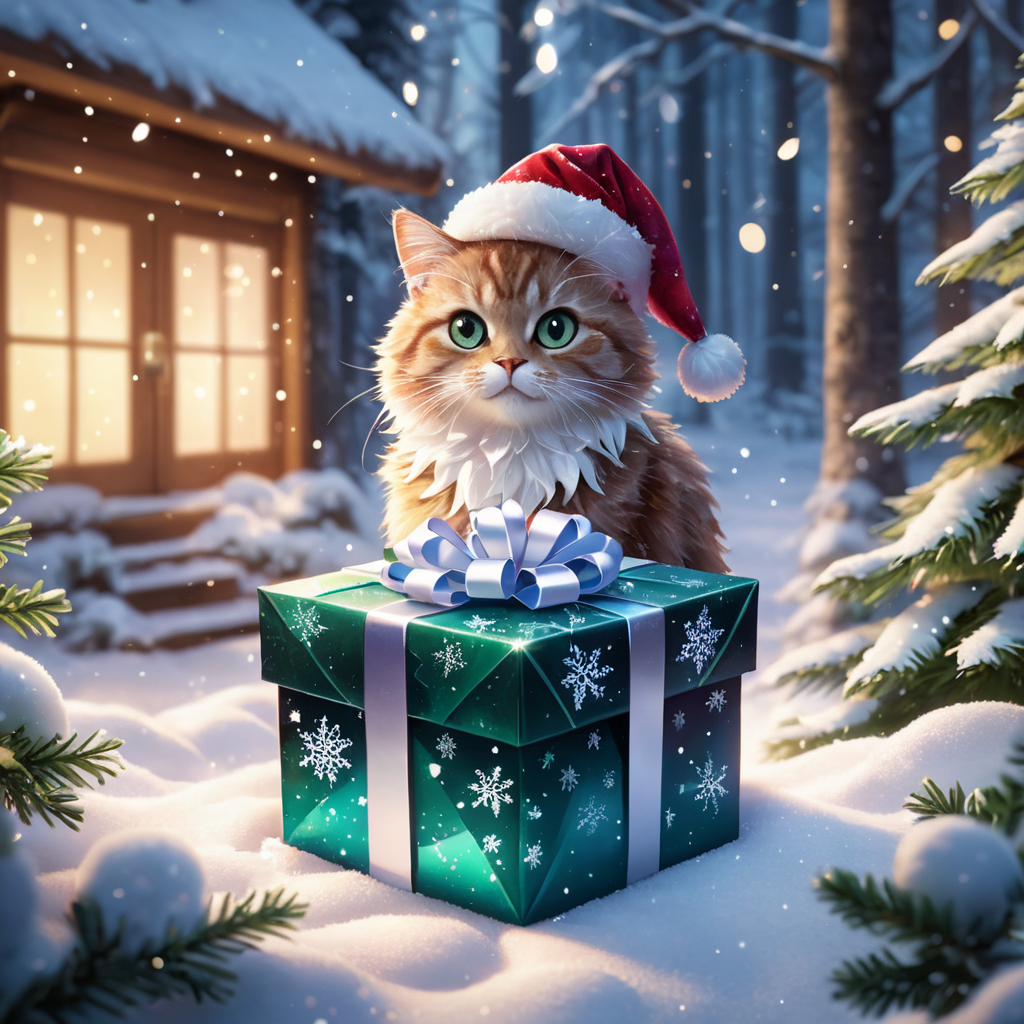A snowy Christmas scene featuring an anthropomorphic Santa Claus cat holding a beautifully wrapped Christmas present, surrounded by glowing snowflakes and a magical forest. The cat’s fur shimmers with iridescent scales, and broken glass fragments reflect radiant light. The scene is illuminated by soft natural volumetric light, creating a cinematic atmosphere. The image is rendered in 8K with pen and ink, watercolor effects, and intricate details, inspired by Greg Rutkowski’s art style.