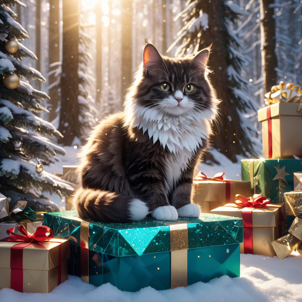 A mythical Santa Claus cat sitting among shimmering Christmas presents in a snowy forest. Its fur glows with luminescent scales, and broken glass fragments float in the air, radiating energy. Soft natural light and volumetric rays highlight the scene, creating a magical, cinematic atmosphere. The composition is photorealistic with intricate details, rendered in 8K, and inspired by Greg Rutkowski’s style.