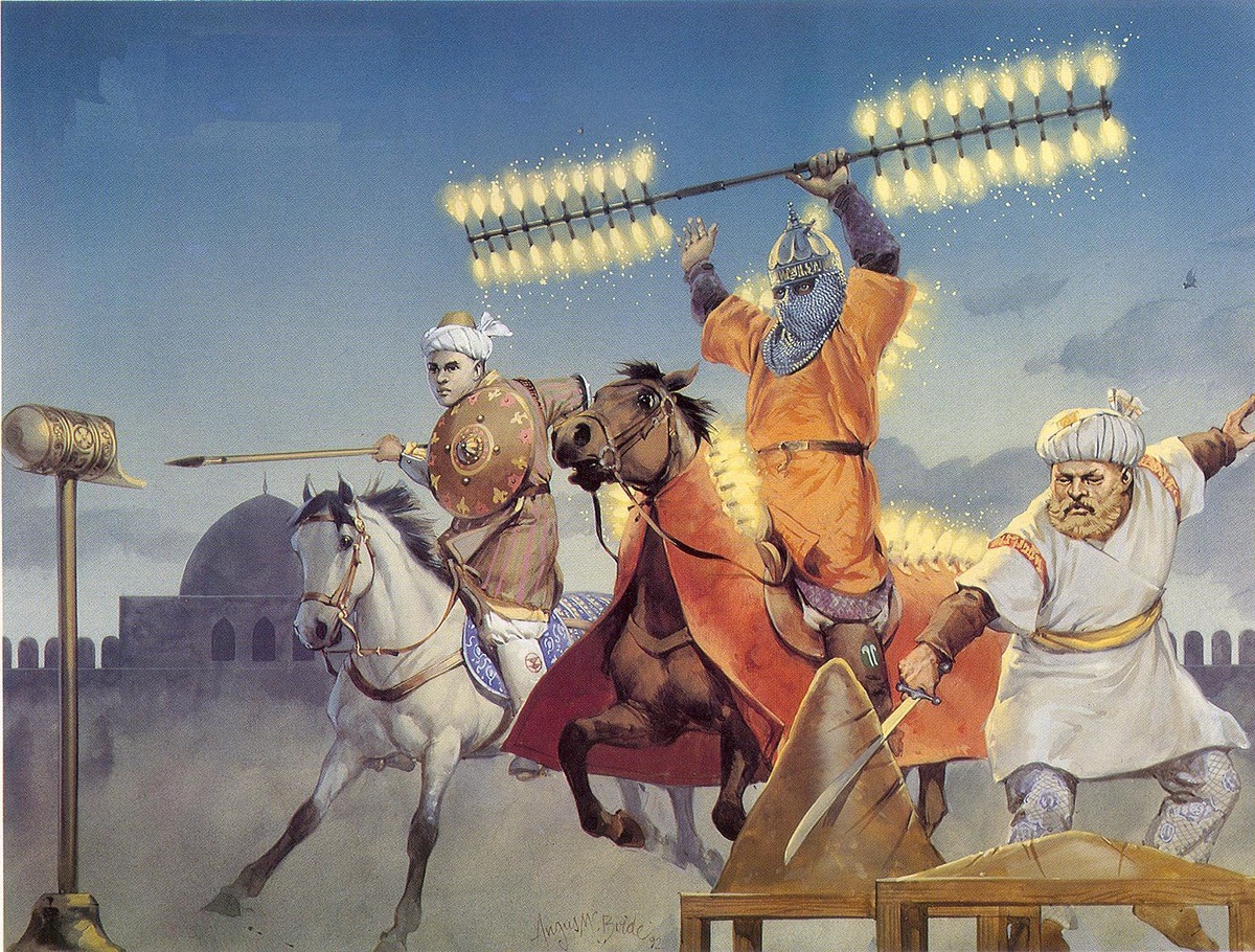 Тренировка мамлюков. В центре огненное шоу демонстрирует элитный воин из мамлюкской гвардии - хассакия. Художник: Angus McBride