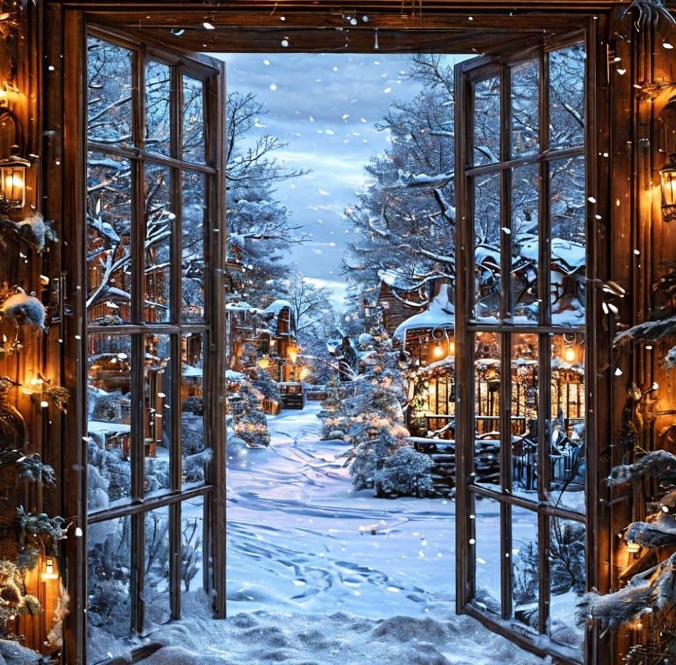 Генерация н/с Шедеврум. Вид из окна на заснеженных улицу. 