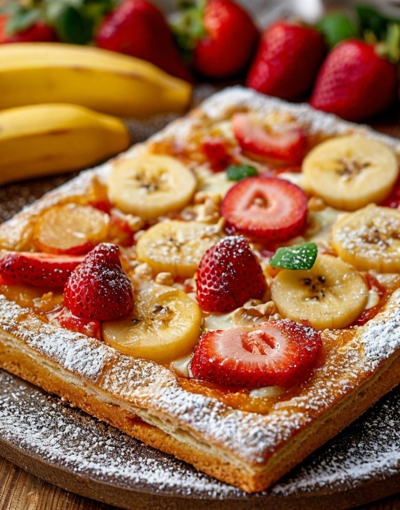 Сладкая пицца на готовом слоеном тесте с бананом, клубникой, яблоком и сахарной пудрой