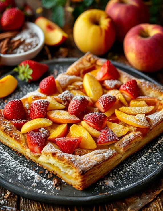 Сладкая пицца на готовом слоеном тесте с персиком, клубникой, яблоком и сахарной пудрой